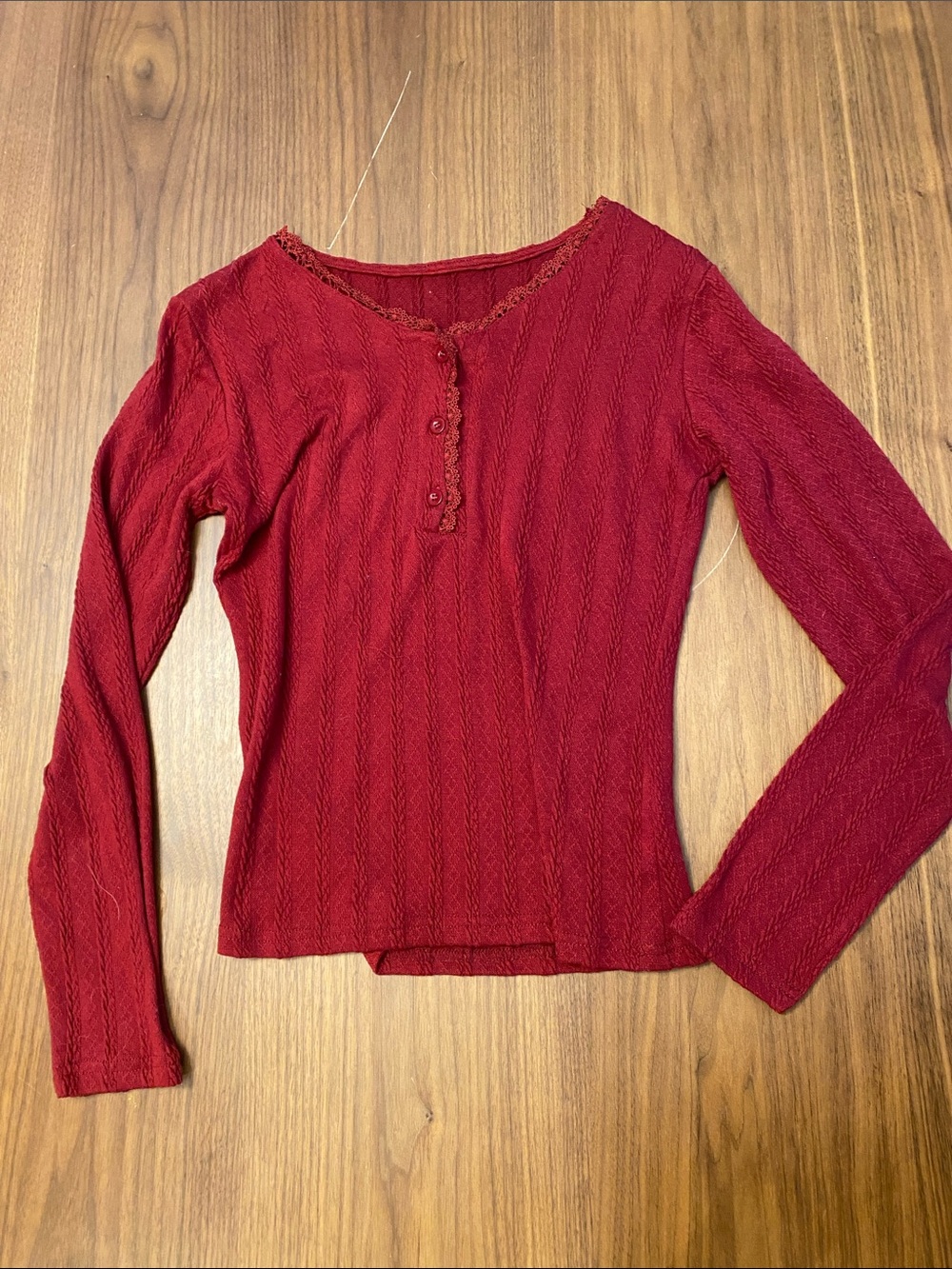 Women’s Lace-Trim Red Long-Sleeve Ribbed Henley Top